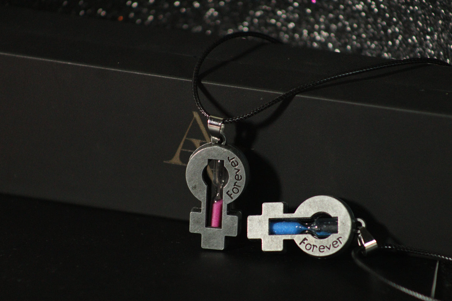 Hourglass mini Sand Clock Cross Pendant Leather Necklace (Couple)