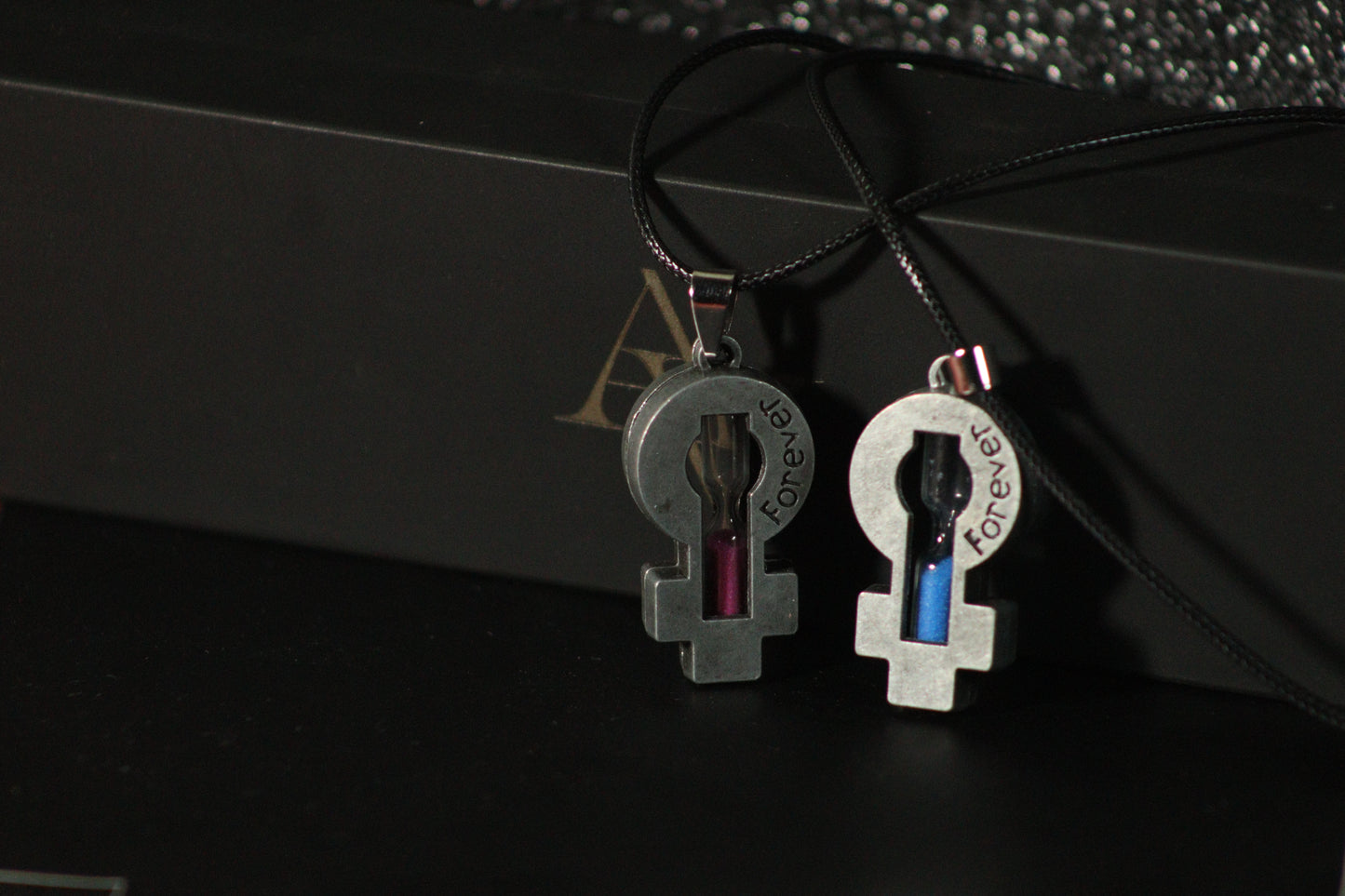 Hourglass mini Sand Clock Cross Pendant Leather Necklace (Couple)