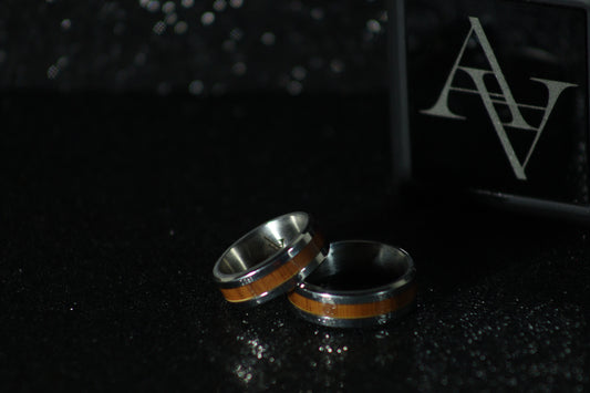 Stainless Steel Whiskey Barrel Wood Inlay Comfort Fit Ring