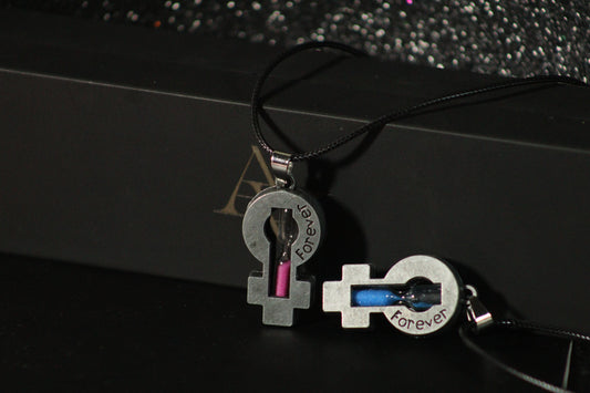 Hourglass mini Sand Clock Cross Pendant Leather Necklace (Couple)