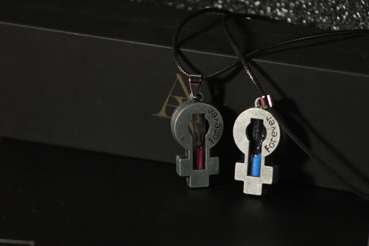 Hourglass mini Sand Clock Cross Pendant Leather Necklace (Couple)